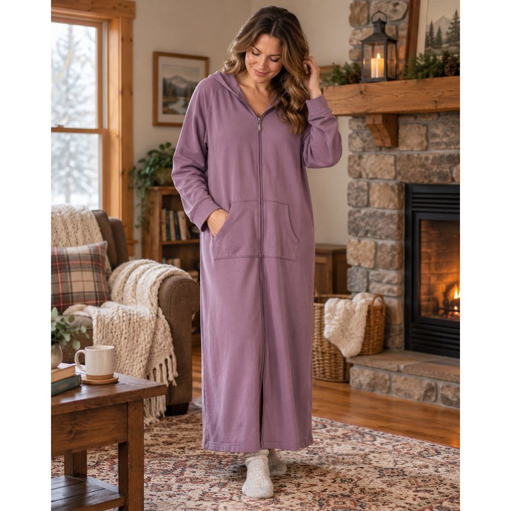 Lands' End XL 18 Purple Hooded Zip Sweatshirt Robe Long Cozy Lounge